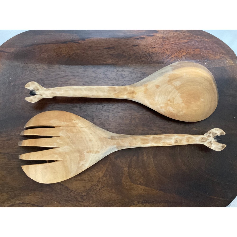 Vintage Hand Carved Giraffe Wooden Salad Servers Set Fork Spoon Rustic Safari - Picture 4 of 6